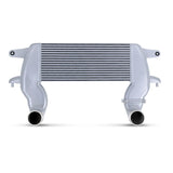 A silver aluminum intercooler with a black ribbed finned core, shown from the front on a white background.