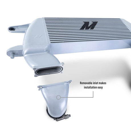 A silver intercooler with a black logo on the top, shown alongside an inset of its removable clamp-inlet hose, with text reading 'Removable inlet makes installation easy' on a white background.