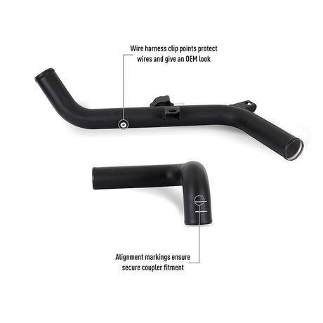 Black intercooler pipe with clip points and alignment markings on a white background