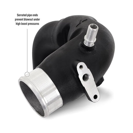 Black silicone hose with metal fitting on a white background