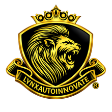 A gold and black Lynx Auto Innovate crest-style emblem with a lion head inside a shield, topped by a crown, on a white background.