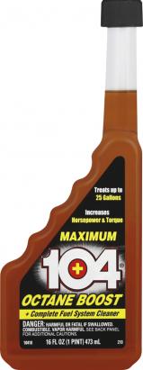 Bottle of 104 Octane Boost with a brown label and black cap.