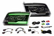 XRGB Evo headlights, one shows the changing lighting, the other is off.  With wiring harnesses on a white background