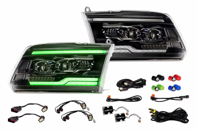 XRGB Evo headlights, one shows the changing lighting, the other is off.  With wiring harnesses on a white background