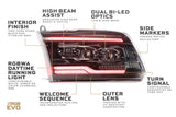 Detailed diagram of a car headlight with labeled features: 
High beam assist
Interior finish
Dual Bi-LED Optics
Side Markers
Turn Signals
Outer Lens
Welcome Sequence
RGBWA Running lights 
 
on a white background