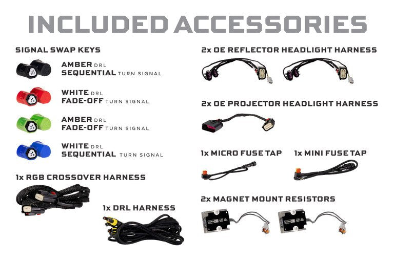 List of included car accessories with icons and labels:

Amber sequential keys
White fade-off keys
Amber fade-off keys 
White sequential keys

with harness for headlights and 2x magnet mount resisters

on a white background