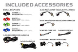 List of included car accessories with icons and labels:

Amber sequential keys
White fade-off keys
Amber fade-off keys 
White sequential keys

with harness for headlights and 2x magnet mount resisters

on a white background