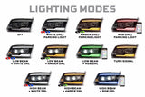 Diagram of various lighting modes for headlights with color-coded descriptions.