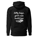 Unisex black hoodie with white car graphic and 'Silly boys, girls can build too' by LynXautoinnovate