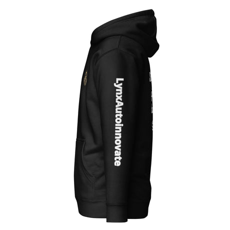 LynXautoinnovate black unisex premium hoodie with logo on sleeve, side view