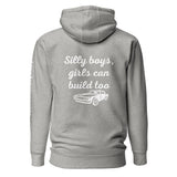 Back view of carbon grey unisex hoodie with 'Silly boys, girls can build too' and car graphic, LynXautoinnovate automotive apparel.