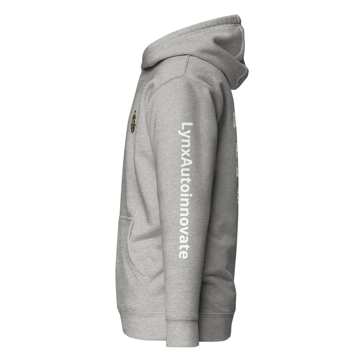 LynXautoinnovate unisex premium carbon grey hoodie, side view, with logo and sleeve branding.