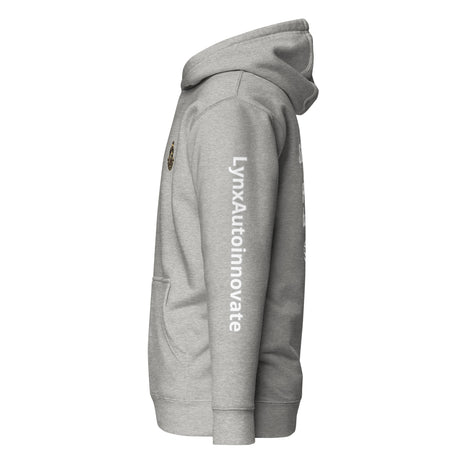 LynXautoinnovate unisex premium carbon grey hoodie, side view, with logo and sleeve branding.