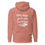 Dusty rose unisex hoodie with 'Silly boys, girls can build too' and car graphic, LynXautoinnovate™ design