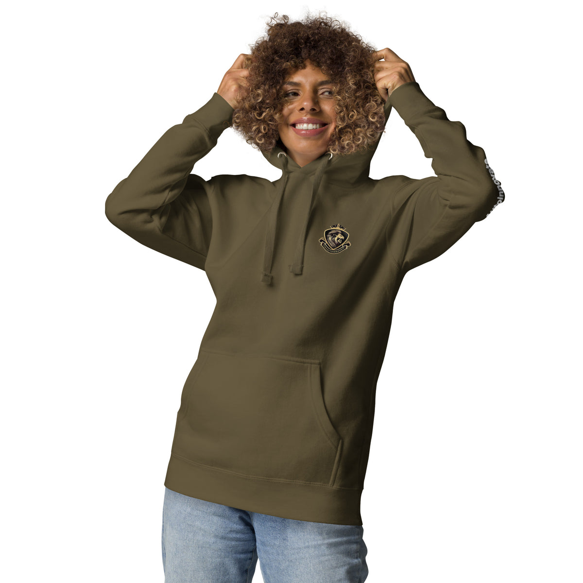 Unisex military green hoodie with LynXautoinnovate logo, front view, casual style