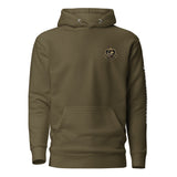 LynXautoinnovate unisex premium hoodie in military green with crest logo and front pocket.