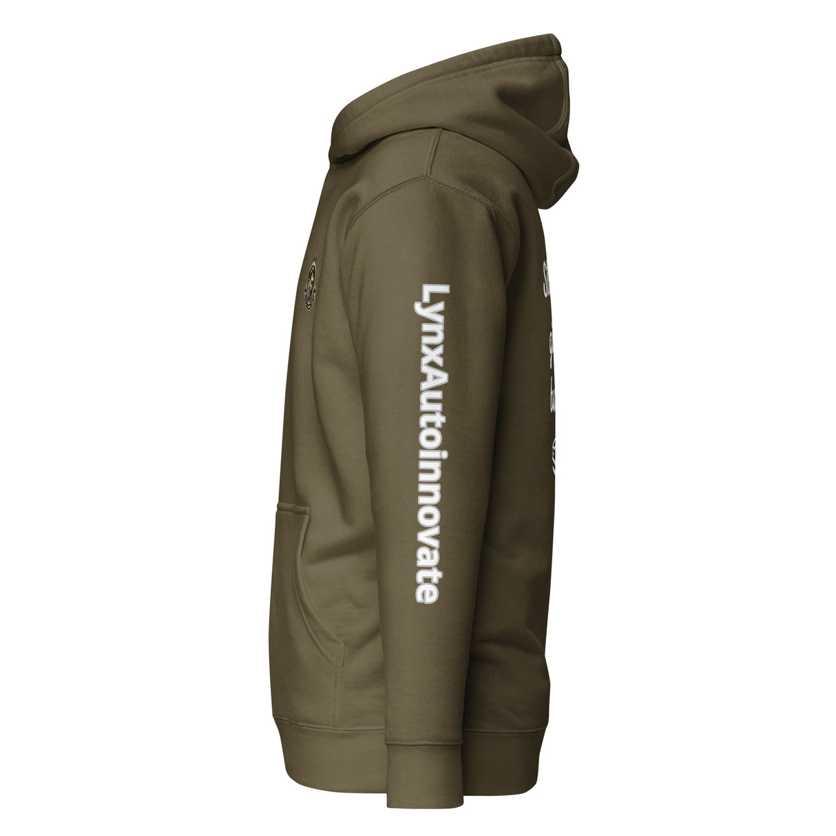 Unisex military green hoodie with LynXautoinnovate logo on sleeve, side view