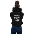 Woman wearing black cropped hoodie with 'Silly boys, girls can build too' and car graphic, LynXautoinnovate