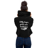 Woman wearing black cropped hoodie with 'Silly boys, girls can build too' and car graphic, LynXautoinnovate