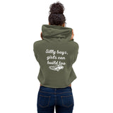 Woman wearing military green cropped hoodie with 'Silly boys, girls can build too' and car graphic, LynXautoinnovate automotive apparel