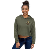 Woman wearing military green cropped hoodie with LynXautoinnovate logo, front view