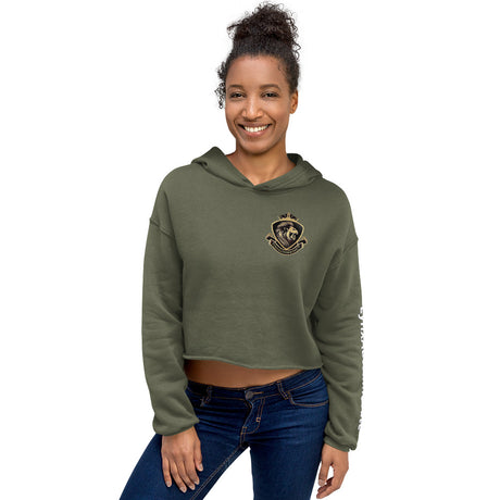 Woman wearing military green cropped hoodie with LynXautoinnovate logo, front view