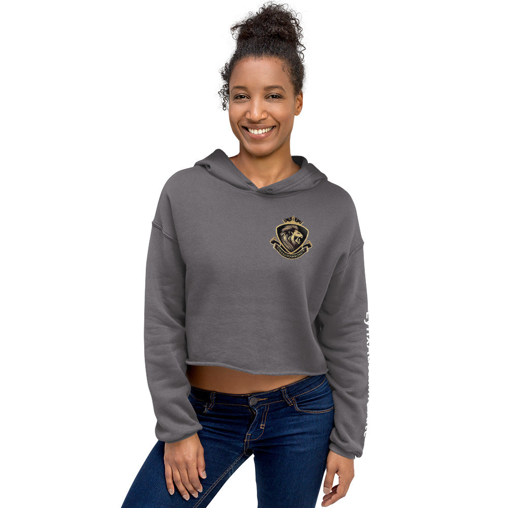 Woman wearing gray LynXautoinnovate cropped hoodie with logo, casual fashion style